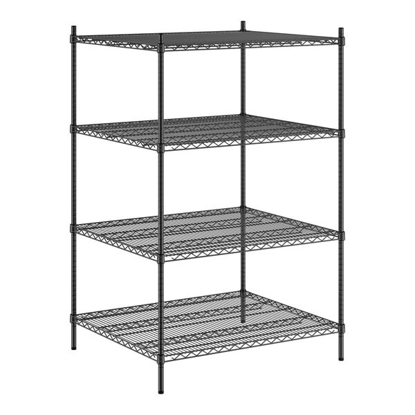 A black Regency wire shelving unit with four shelves.