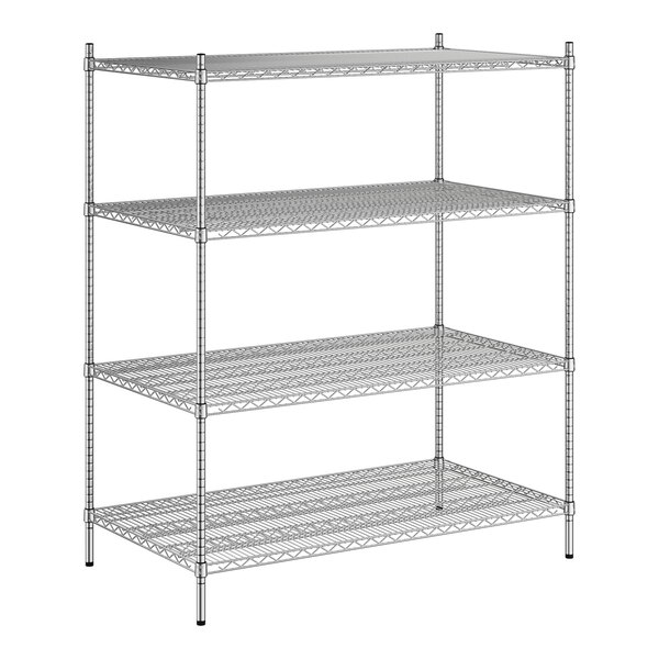 A wireframe of a Regency chrome stationary wire shelving unit with four shelves.