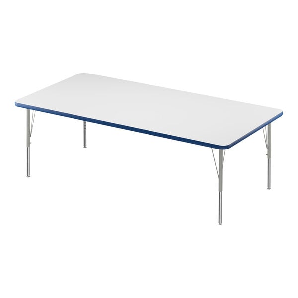A white rectangular Correll activity table with metal legs and blue T-mold