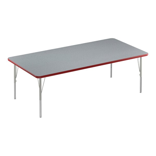 A rectangular grey table with a red edge.