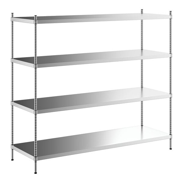 A Regency stainless steel shelving unit with four shelves.