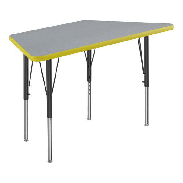 A grey trapezoid activity table with black and yellow legs.