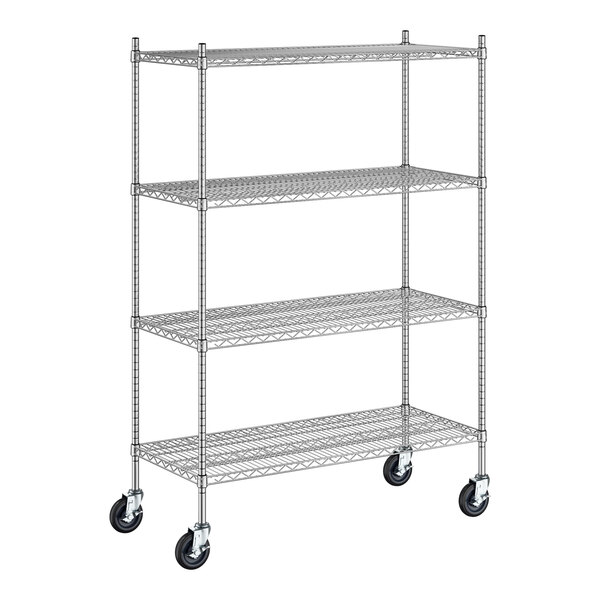 A Regency stainless steel wire shelving unit with wheels.