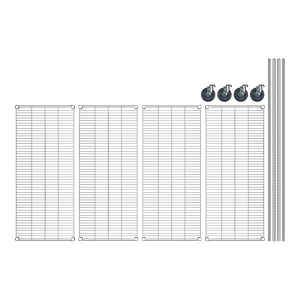 A Regency stainless steel wire mobile shelving starter kit with 4 shelves on wheels.