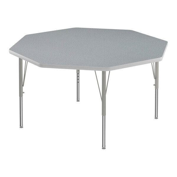 A gray Correll activity table with silver legs and gray T-mold.