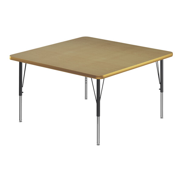 A square activity table with black metal legs and a fusion maple top.