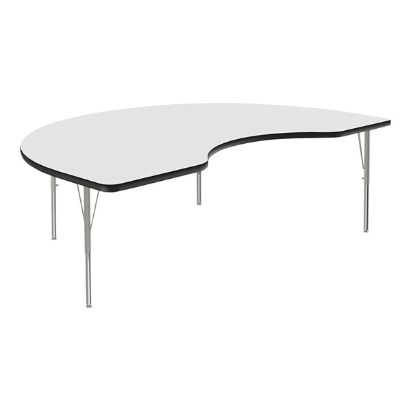 A white kidney-shaped activity table with black edges and silver legs.