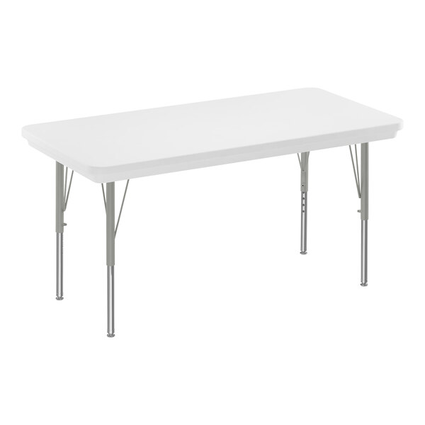 A gray rectangular table with silver legs.