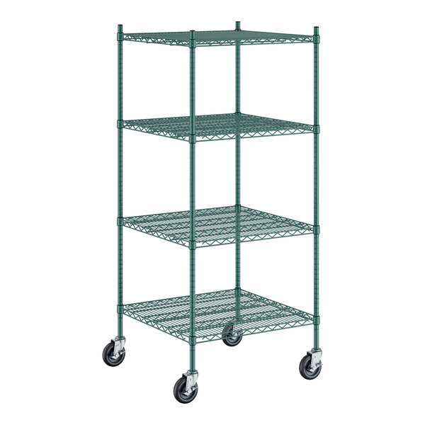 A Regency green wire shelving unit with wheels.