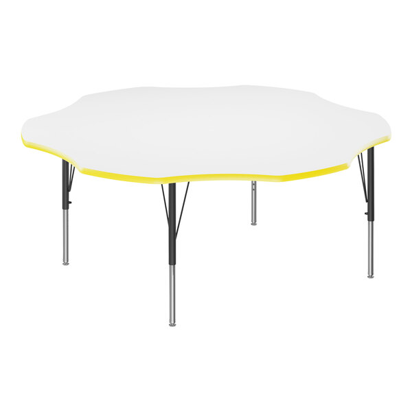 A white Correll activity table with a yellow edge.