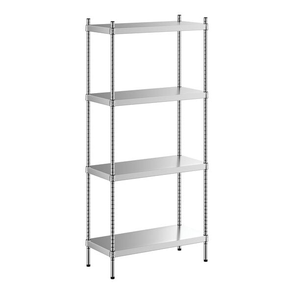 A Regency stainless steel stationary shelving unit with four shelves.