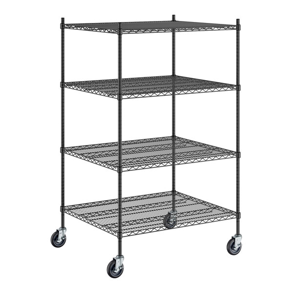 A black Regency wire shelving unit with wheels.