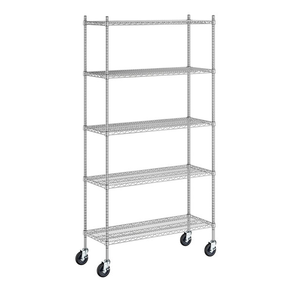 A Regency stainless steel wire shelving unit with wheels.