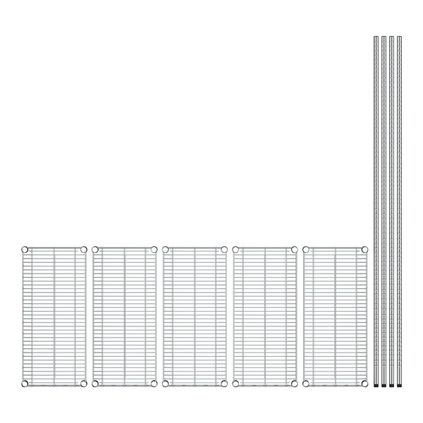A Regency stainless steel wire shelving unit with 5 metal shelves and bars.