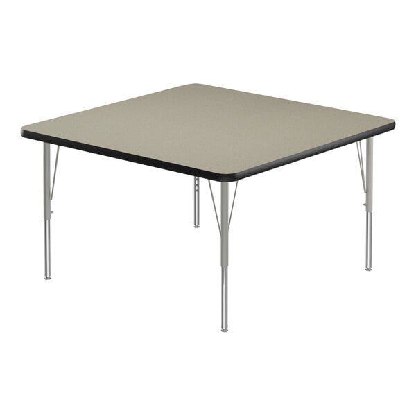 A square Correll activity table with silver legs and black T-mold edges.