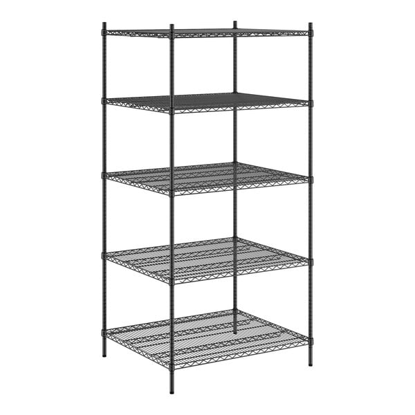 A black metal Regency wire shelving unit with four shelves.