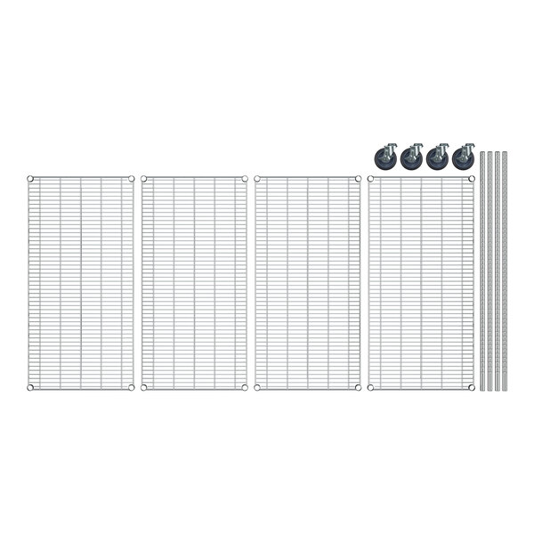 A Regency stainless steel wire shelving unit with wheels and metal rods holding up wire mesh panels.