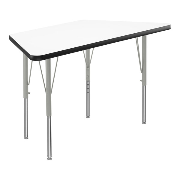 A white rectangular Correll activity table with metal legs and black trim.