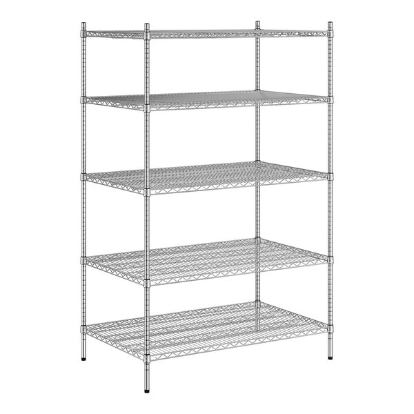 A wireframe of a Regency stainless steel shelving unit with four shelves.