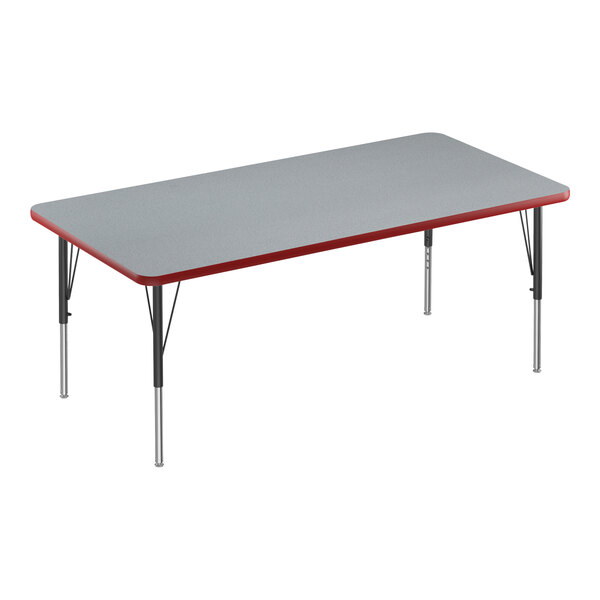 A rectangular grey Correll activity table with black and red legs.