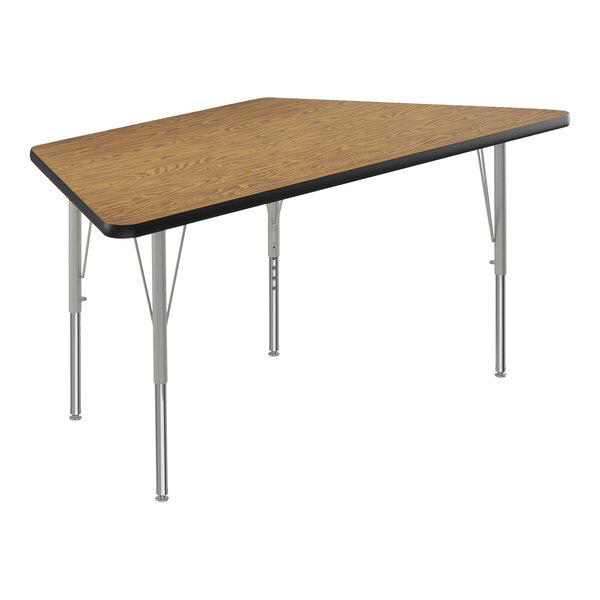 A trapezoid shaped wooden activity table with silver legs.