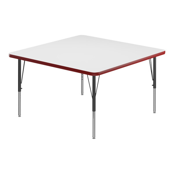 A white square table with black legs and red edge.