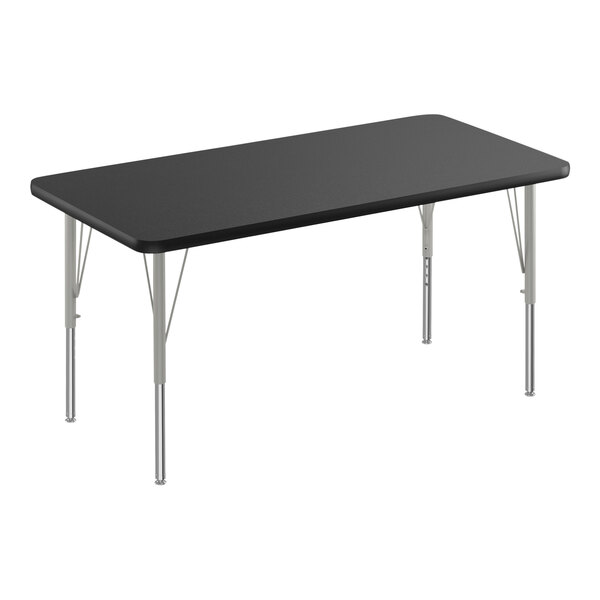 A rectangular black table with silver legs.