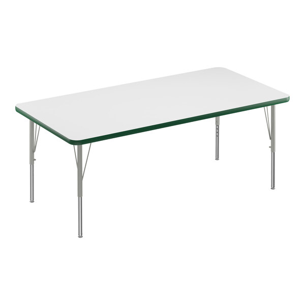 A Correll rectangular white activity table with silver legs and green T-mold.