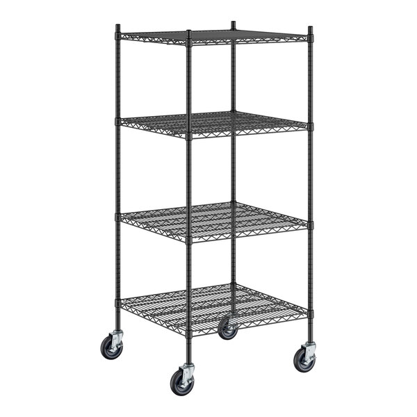 A Regency black metal wire shelving starter kit with wheels.