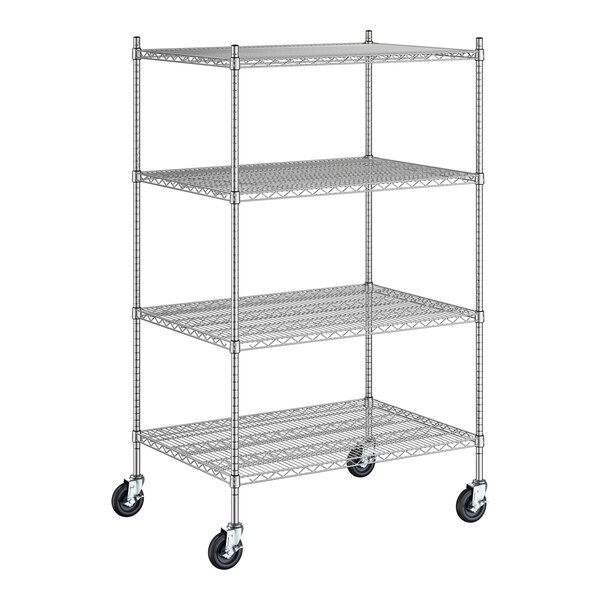 A Regency stainless steel wire shelving unit with four shelves.