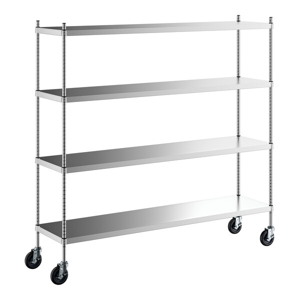 A Regency stainless steel mobile shelving unit with wheels.