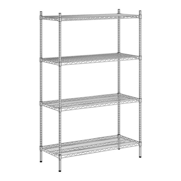 A wireframe of a Regency stainless steel wire shelving unit with four shelves.