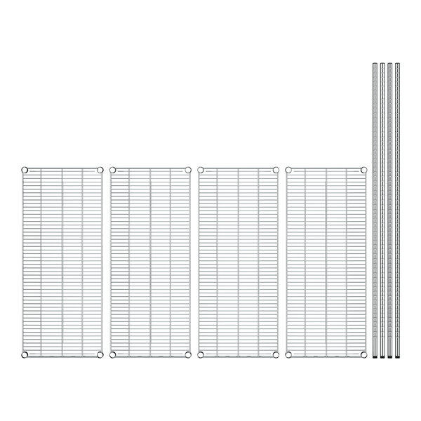 A row of Regency stainless steel wire shelves with metal grids and rods.