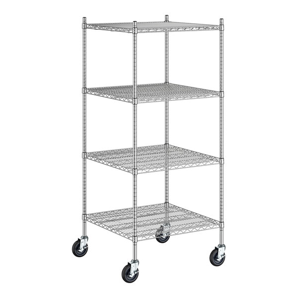 A Regency stainless steel wire shelving unit with wheels.