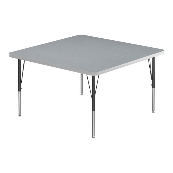 A square gray activity table with black metal legs.