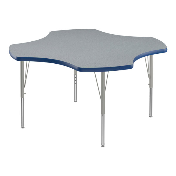 A grey rectangular Correll activity table with blue T-mold and silver legs.