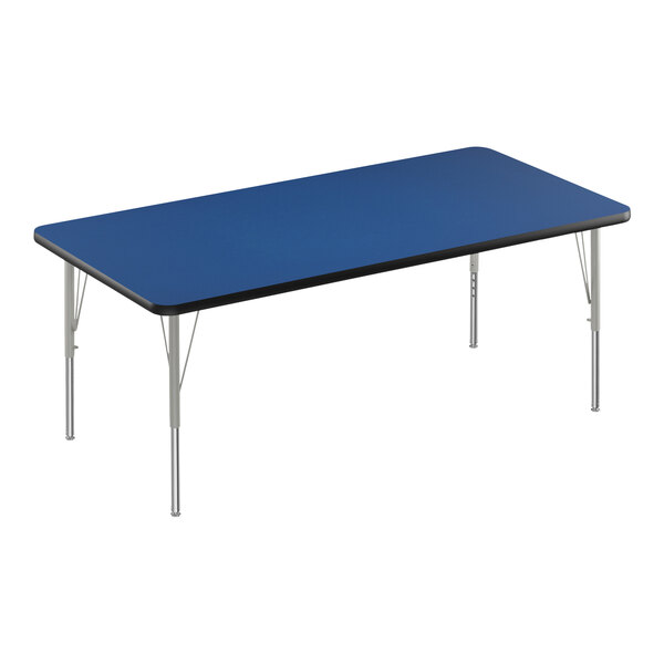 A blue rectangular Correll activity table with silver legs and black edges.