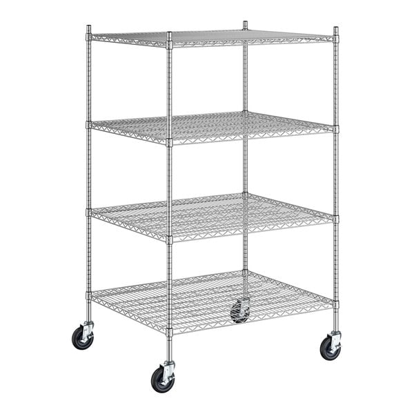 A Regency stainless steel wire shelving unit with wheels and four shelves.