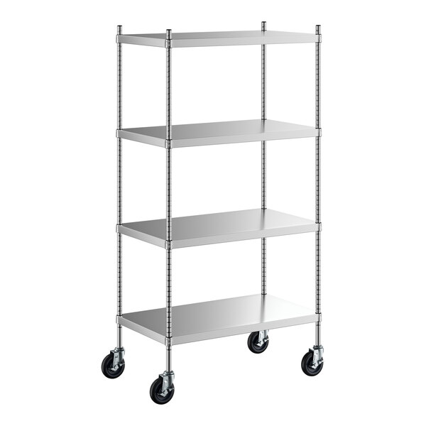 A Regency stainless steel shelving unit with wheels.