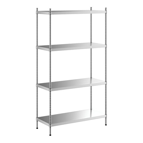 A Regency stainless steel shelving unit with four shelves.