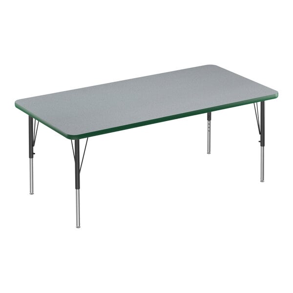 A rectangular Correll activity table with a gray top and green edges on black legs.