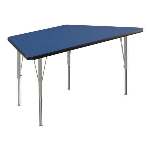 A blue rectangular Correll activity table with silver legs and black edge.