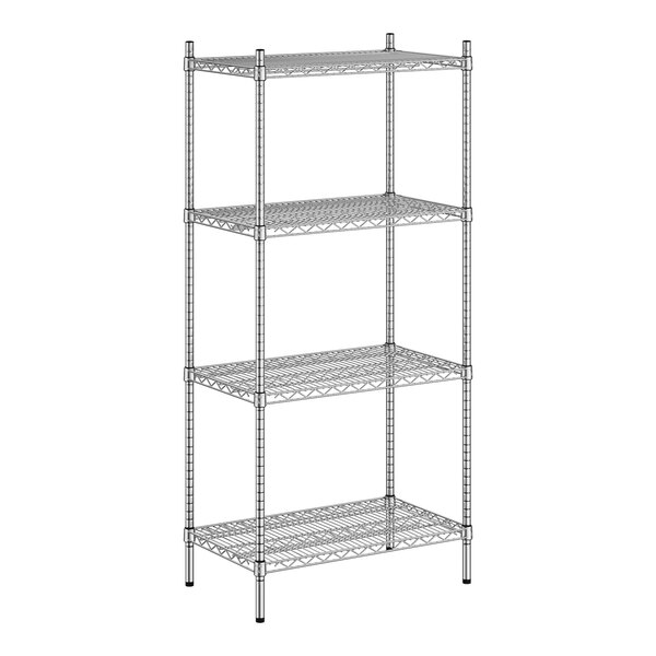 A wireframe of a Regency stainless steel shelving unit with four shelves.