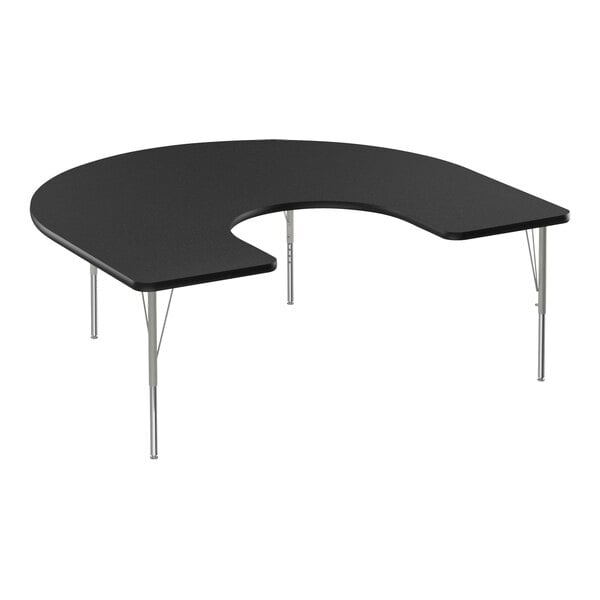 A black table with a curved horseshoe-shaped top and silver metal legs.