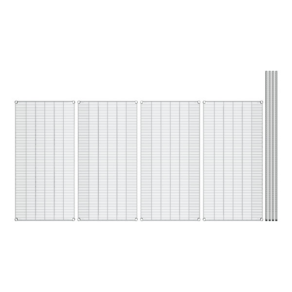 A white grid with four metal shelves on it.