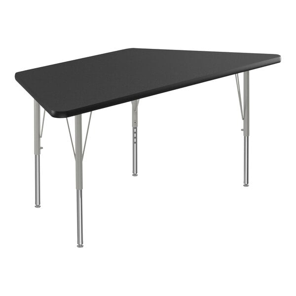 A black trapezoid activity table with silver legs.