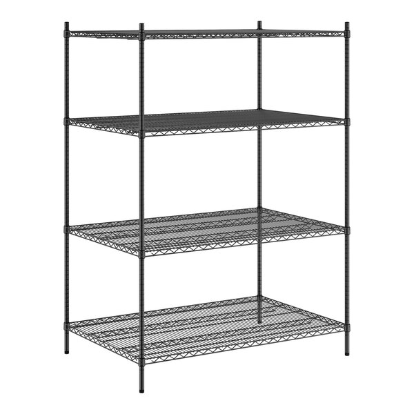 A black metal Regency wire shelving unit with 4 shelves.