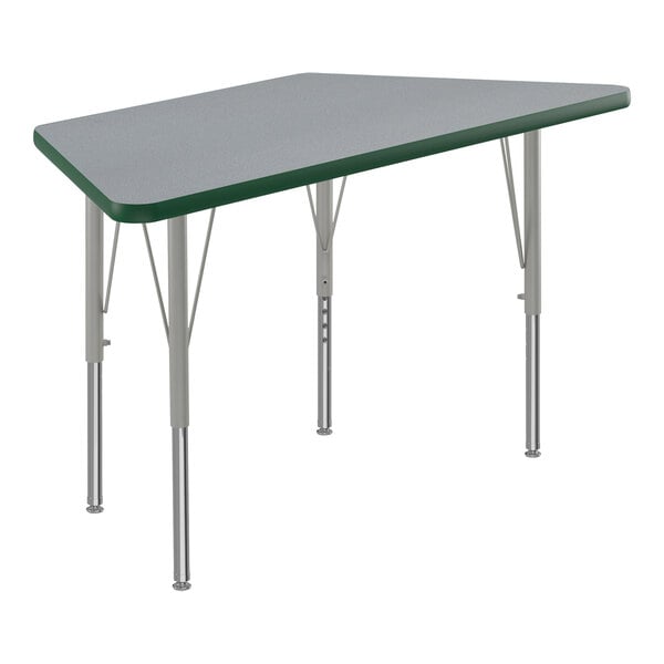 A grey and green trapezoid table with silver legs and green trim.