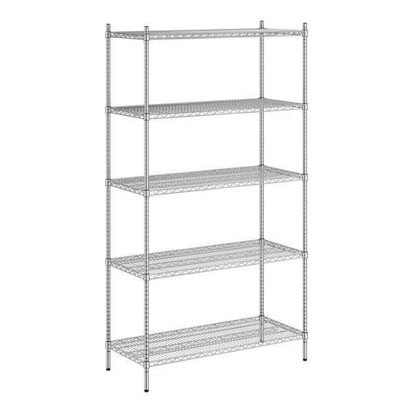 A wireframe of a Regency stainless steel shelving unit with 5 shelves.