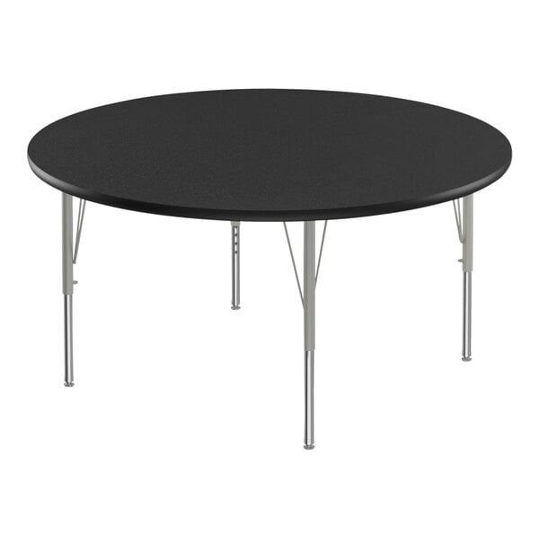 A black Correll round activity table with silver legs.